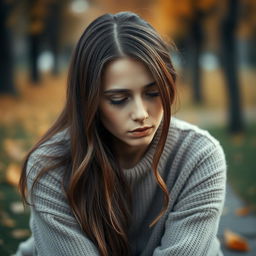 A portrait of a sad woman, sitting alone with her head slightly tilted down and her long hair cascading over her shoulders