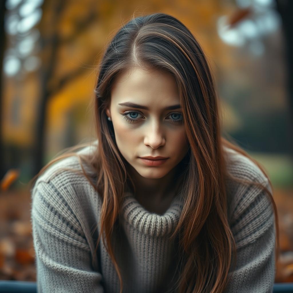 A portrait of a sad woman, sitting alone with her head slightly tilted down and her long hair cascading over her shoulders