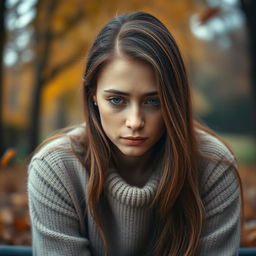 A portrait of a sad woman, sitting alone with her head slightly tilted down and her long hair cascading over her shoulders