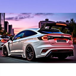 Futuristic Ford Escort RS Turbo cars, showcasing an aggressive design with carbon fiber details, a widebody kit, and a stylish rear wing