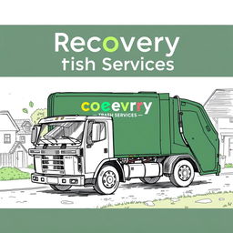 A detailed sketch of an electric garbage truck, colored in dark green, prominently displaying the words "Recovery Trash Services," with the 'eco' in 'Recovery' highlighted in a vibrant color