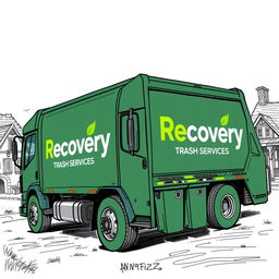 A detailed sketch of an electric garbage truck, colored in dark green, prominently displaying the words "Recovery Trash Services," with the 'eco' in 'Recovery' highlighted in a vibrant color