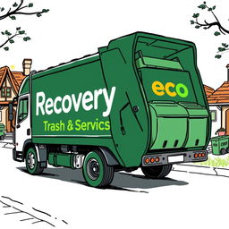 A detailed sketch of an electric garbage truck, colored in dark green, prominently displaying the words "Recovery Trash Services," with the 'eco' in 'Recovery' highlighted in a vibrant color