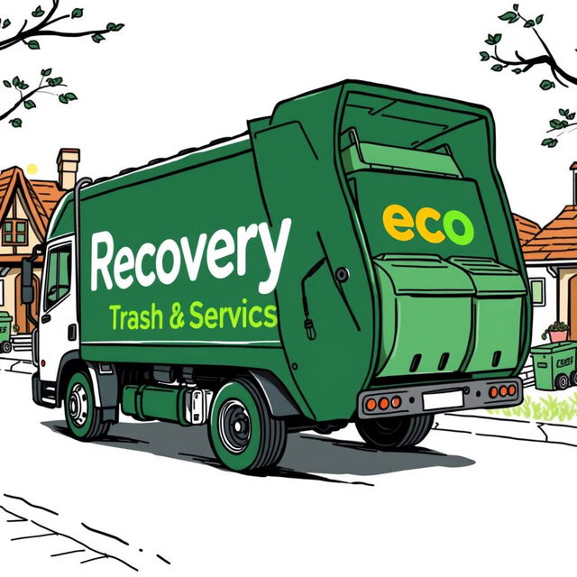 A detailed sketch of an electric garbage truck, colored in dark green, prominently displaying the words "Recovery Trash Services," with the 'eco' in 'Recovery' highlighted in a vibrant color