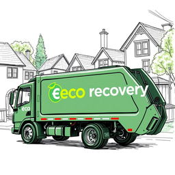 A detailed sketch of an electric garbage truck, colored in dark green, prominently displaying the words "Recovery Trash Services," with the 'eco' in 'Recovery' highlighted in a vibrant color