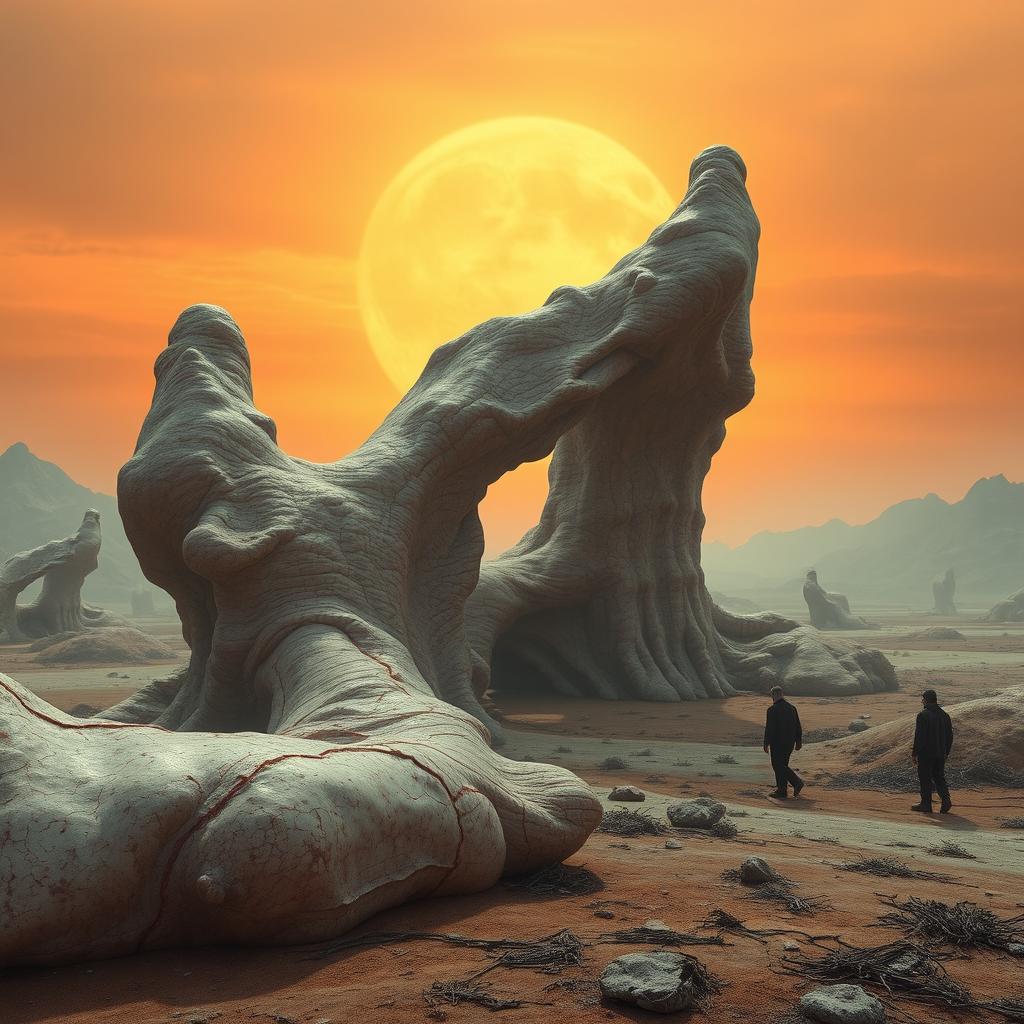 A surreal, dystopian landscape where flesh transforms into organic structures resembling architecture