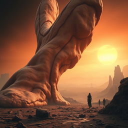 A surreal, dystopian landscape where flesh transforms into organic structures resembling architecture