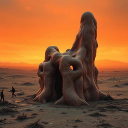 A surreal, dystopian landscape where flesh transforms into organic structures resembling architecture