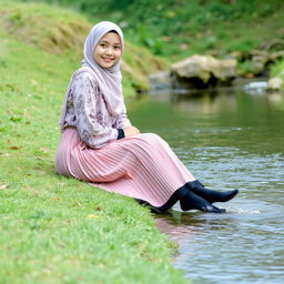A girl adorned in a luxury hijab and a beautifully patterned abaya is sitting on the grass next to a gentle water stream