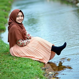 A girl adorned in a luxury hijab and a beautifully patterned abaya is sitting on the grass next to a gentle water stream