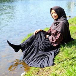 A girl adorned in a luxury hijab and a beautifully patterned abaya is sitting on the grass next to a gentle water stream