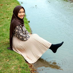 A girl adorned in a luxury hijab and a beautifully patterned abaya is sitting on the grass next to a gentle water stream