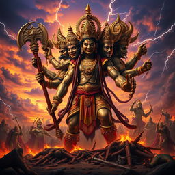 A powerful depiction of Ravan, the ten-headed demon king from Hindu mythology, standing tall and regal amidst a fiery battle scene