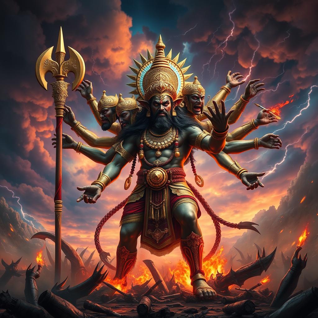 A powerful depiction of Ravan, the ten-headed demon king from Hindu mythology, standing tall and regal amidst a fiery battle scene