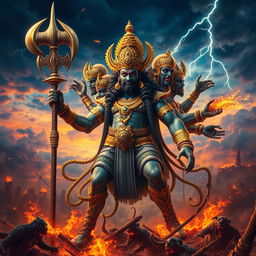 A powerful depiction of Ravan, the ten-headed demon king from Hindu mythology, standing tall and regal amidst a fiery battle scene