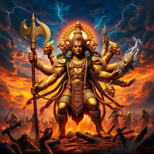 A powerful depiction of Ravan, the ten-headed demon king from Hindu mythology, standing tall and regal amidst a fiery battle scene