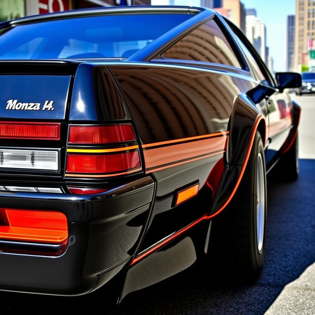 A sleek black 1989 Chevrolet Monza with striking orange accents, showcasing its classic lines and retro design