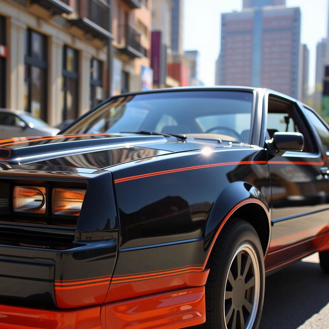 A sleek black 1989 Chevrolet Monza with striking orange accents, showcasing its classic lines and retro design