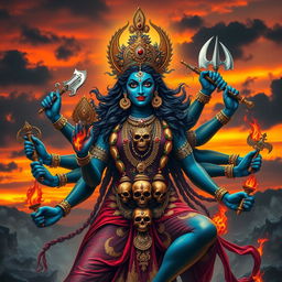 A powerful and majestic depiction of Kali, the Hindu goddess, showcasing her multiple arms holding various weapons, a fierce expression, and adorned with a necklace of skulls