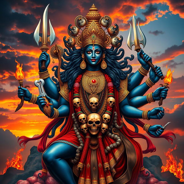 A powerful and majestic depiction of Kali, the Hindu goddess, showcasing her multiple arms holding various weapons, a fierce expression, and adorned with a necklace of skulls