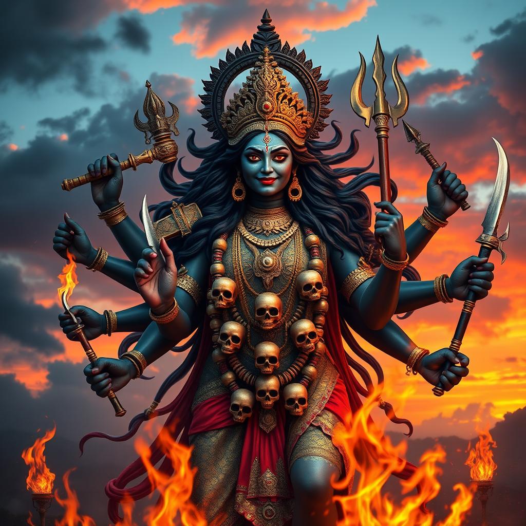 A powerful and majestic depiction of Kali, the Hindu goddess, showcasing her multiple arms holding various weapons, a fierce expression, and adorned with a necklace of skulls