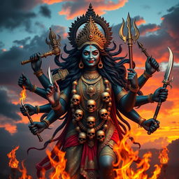 A powerful and majestic depiction of Kali, the Hindu goddess, showcasing her multiple arms holding various weapons, a fierce expression, and adorned with a necklace of skulls