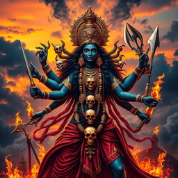 A powerful and majestic depiction of Kali, the Hindu goddess, showcasing her multiple arms holding various weapons, a fierce expression, and adorned with a necklace of skulls