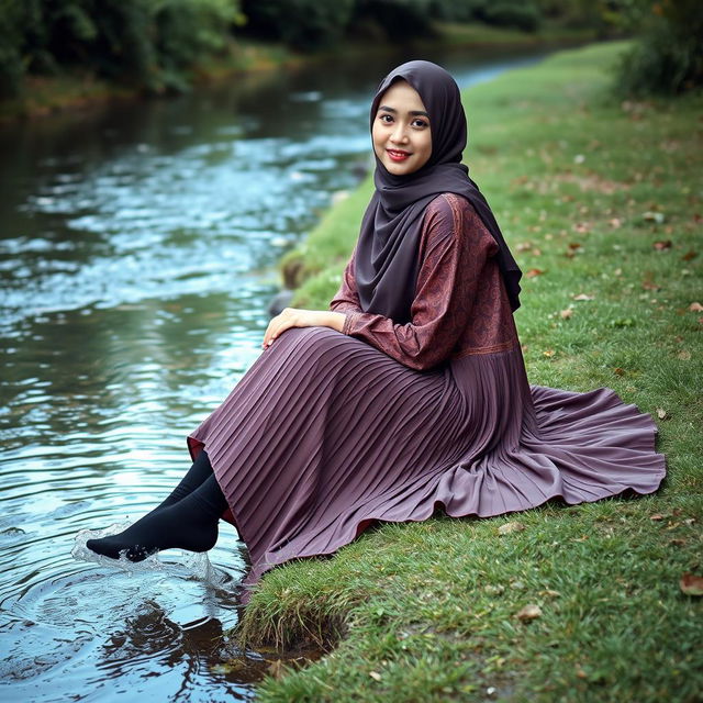 A girl in a luxury hijab and a stunningly patterned abaya sits calmly on the grass by a gentle water stream