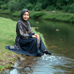 A girl in a luxury hijab and a stunningly patterned abaya sits calmly on the grass by a gentle water stream