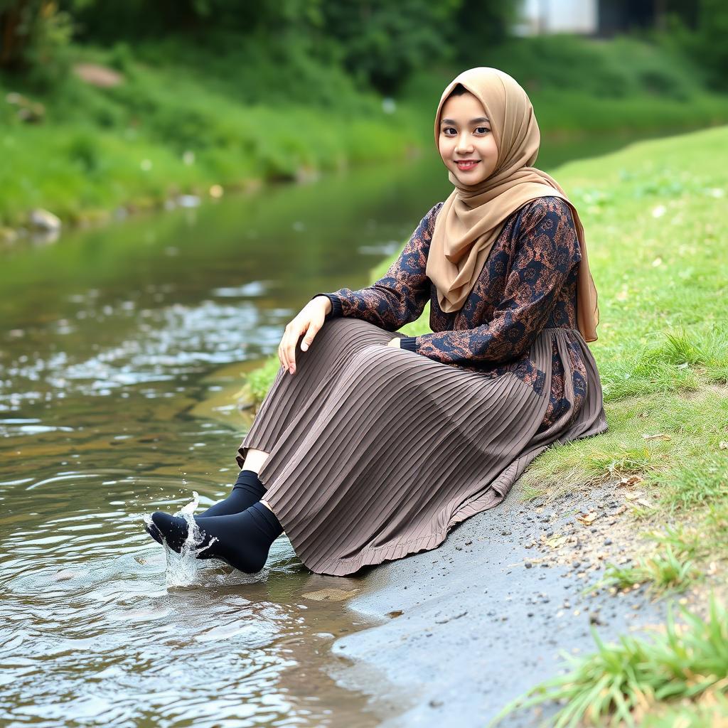 A girl in a luxury hijab and a stunningly patterned abaya sits calmly on the grass by a gentle water stream