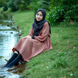 A girl in a luxury hijab and a stunningly patterned abaya sits calmly on the grass by a gentle water stream