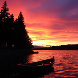 A vibrant sunset over a serene lake, where the sky is painted in hues of orange, pink, and purple