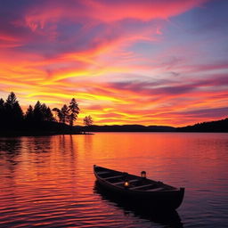 A vibrant sunset over a serene lake, where the sky is painted in hues of orange, pink, and purple
