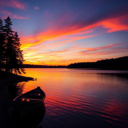 A vibrant sunset over a serene lake, where the sky is painted in hues of orange, pink, and purple