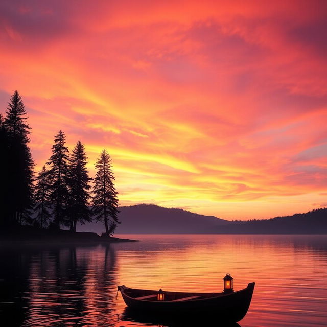 A vibrant sunset over a serene lake, where the sky is painted in hues of orange, pink, and purple