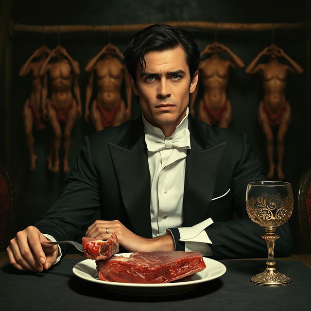 A 30-year-old man dressed in a black vampire-like suit and crisp white shirt sits solemnly at a dinner table, with a serious and slightly sad expression on his face, gazing straight ahead