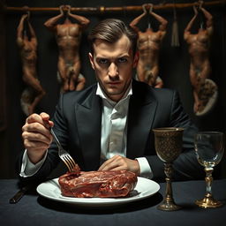 A 30-year-old man dressed in a black vampire-like suit and crisp white shirt sits solemnly at a dinner table, with a serious and slightly sad expression on his face, gazing straight ahead