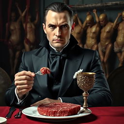 A 30-year-old man dressed in a black vampire-like suit and crisp white shirt sits solemnly at a dinner table, with a serious and slightly sad expression on his face, gazing straight ahead