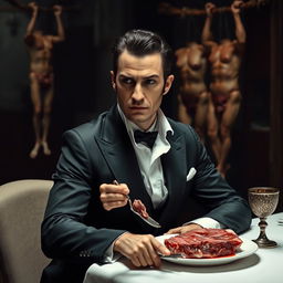 A 30-year-old man dressed in a black vampire-like suit and crisp white shirt sits solemnly at a dinner table, with a serious and slightly sad expression on his face, gazing straight ahead