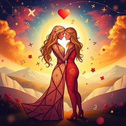 A romantic scene depicting two lovers embodying the concepts of geometry and arithmetic sequences