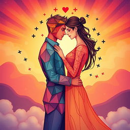 A romantic scene depicting two lovers embodying the concepts of geometry and arithmetic sequences