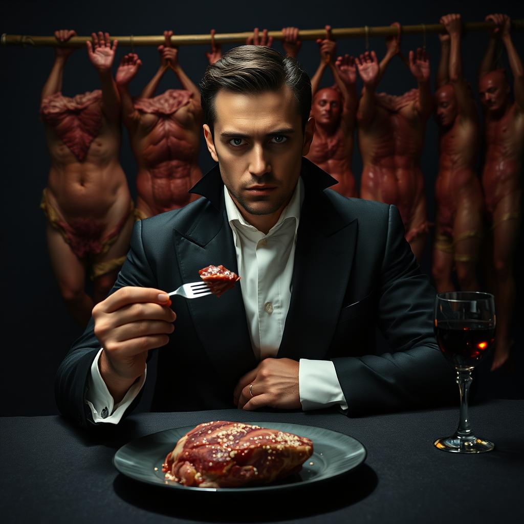 A 30-year-old man in a black vampire-like suit, wearing a crisp white shirt, sitting at a dimly lit dinner table