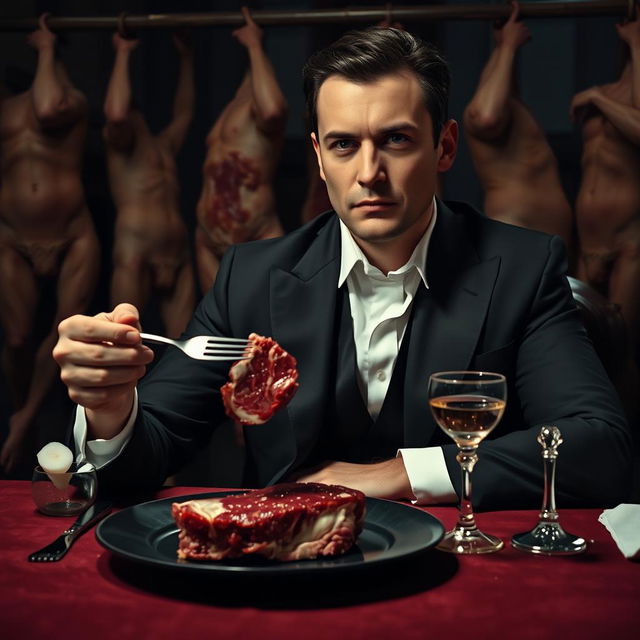 A 30-year-old man in a black vampire-like suit, wearing a crisp white shirt, sitting at a dimly lit dinner table