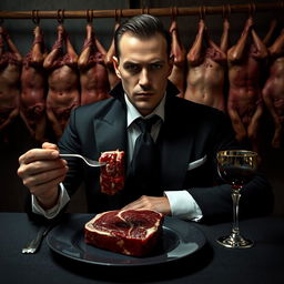 A 30-year-old man in a black vampire-like suit, wearing a crisp white shirt, sitting at a dimly lit dinner table