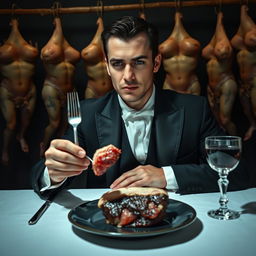 A 30-year-old man in a black vampire-like suit, wearing a crisp white shirt, sitting at a dimly lit dinner table