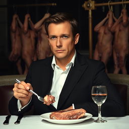 A 30-year-old man wearing a black suit and a white shirt, sitting at a dimly lit dinner table