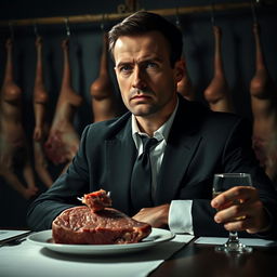 A 30-year-old man wearing a black suit and a white shirt, sitting at a dimly lit dinner table