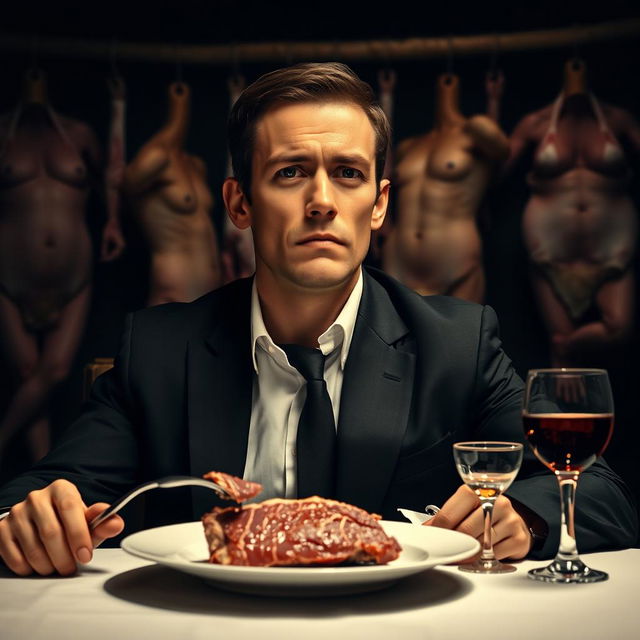 A 30-year-old man wearing a black suit and a white shirt, sitting at a dimly lit dinner table