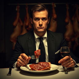 A 30-year-old man wearing a black suit and a white shirt, sitting at a dimly lit dinner table