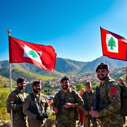 A scenic landscape depicting the Unifil flag fluttering in the wind, alongside the Nepali battalion soldiers in traditional military attire engaged in peacekeeping activities in Lebanon